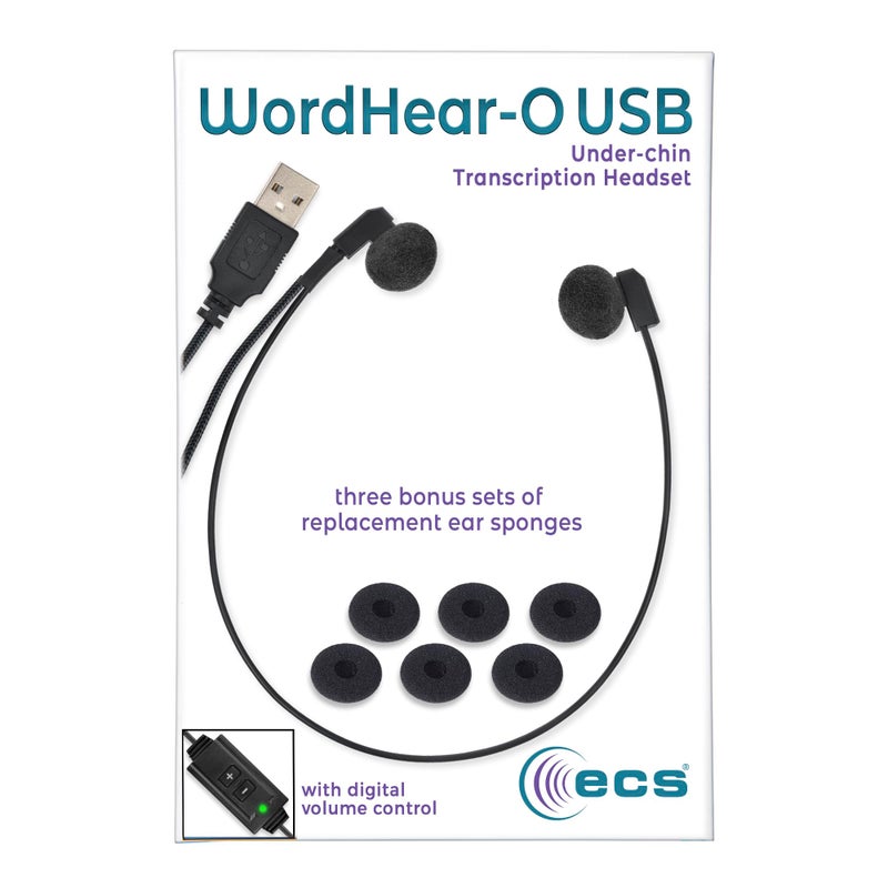 ECS WordHear-O USB transcription headset, built in premium sound card, volume control, under chin, 7' cord with clothing clip, 3 extra pair of ear sponges, proprietary design for computer transcribing - Image 5